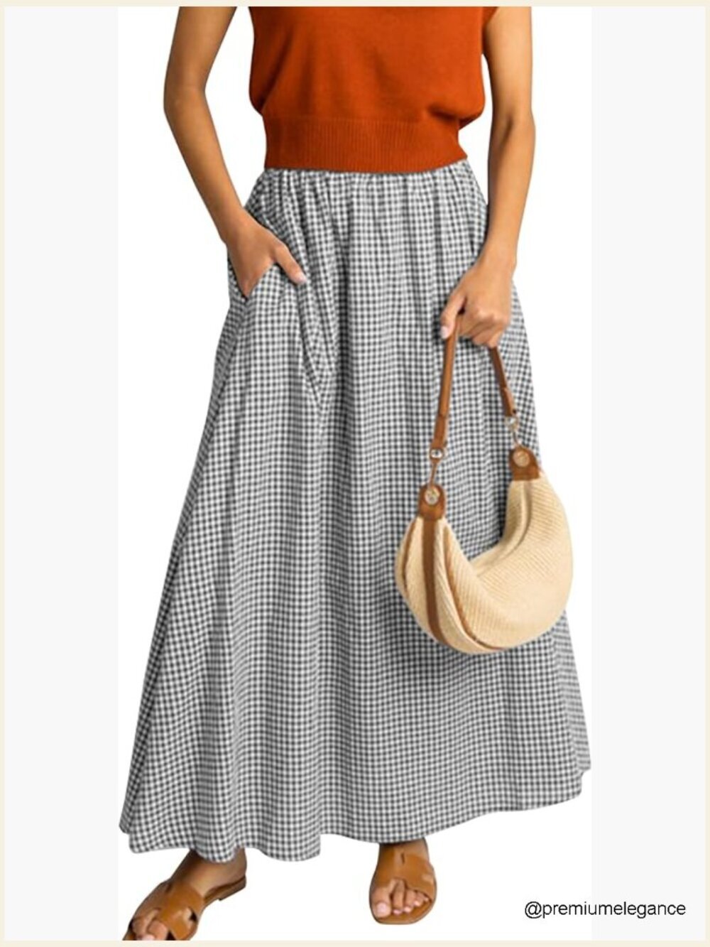 Long Plaid Pleated A-Line Maxi Skirt with Pockets Elastic Waist Flowy
